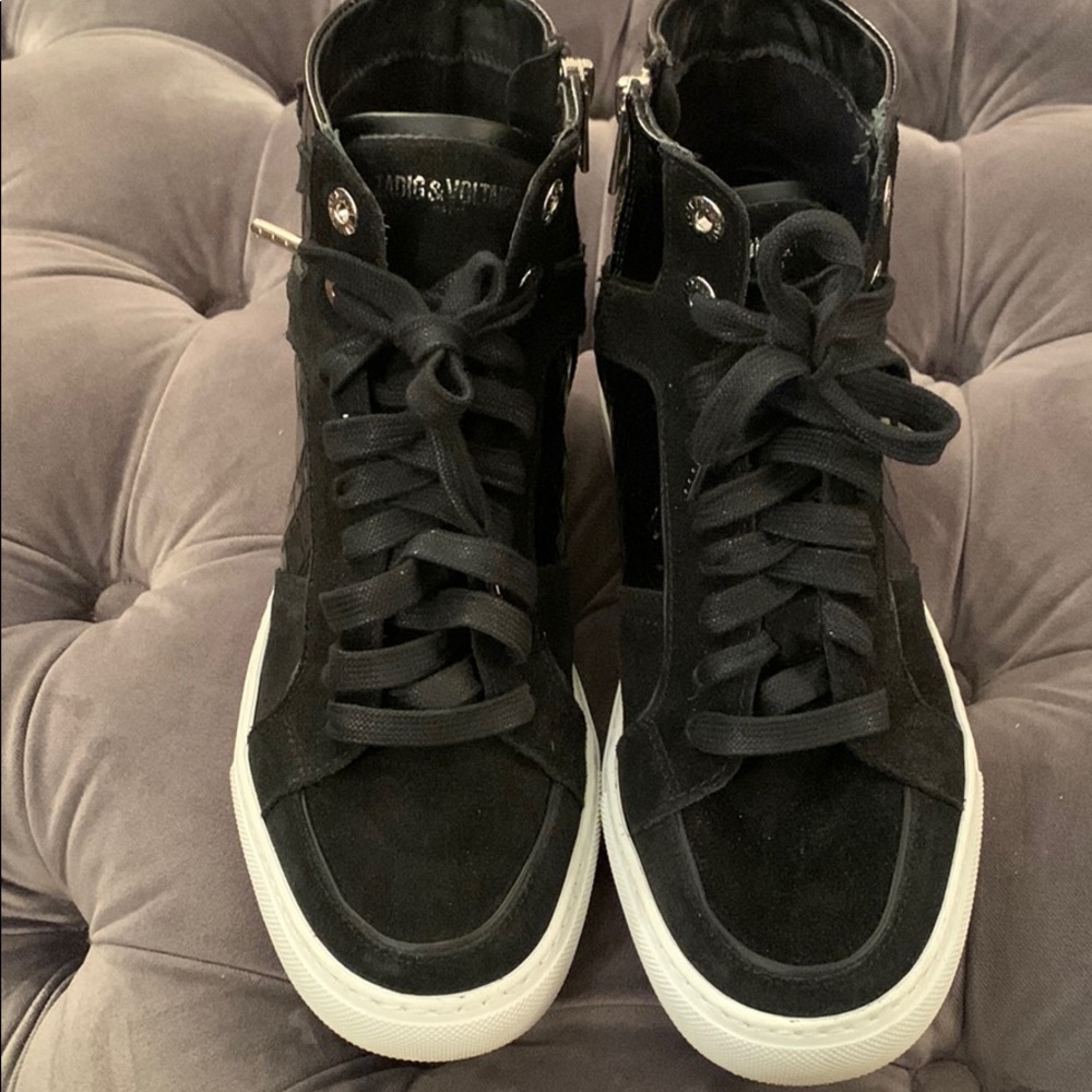 Zadig black leather hidden wedge kicks sz 38